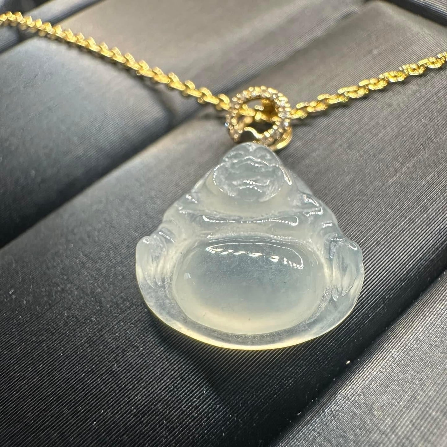 #849 AGL Certified Semi-Transparent White Burma Jadeite, Happy Buddha Pendant