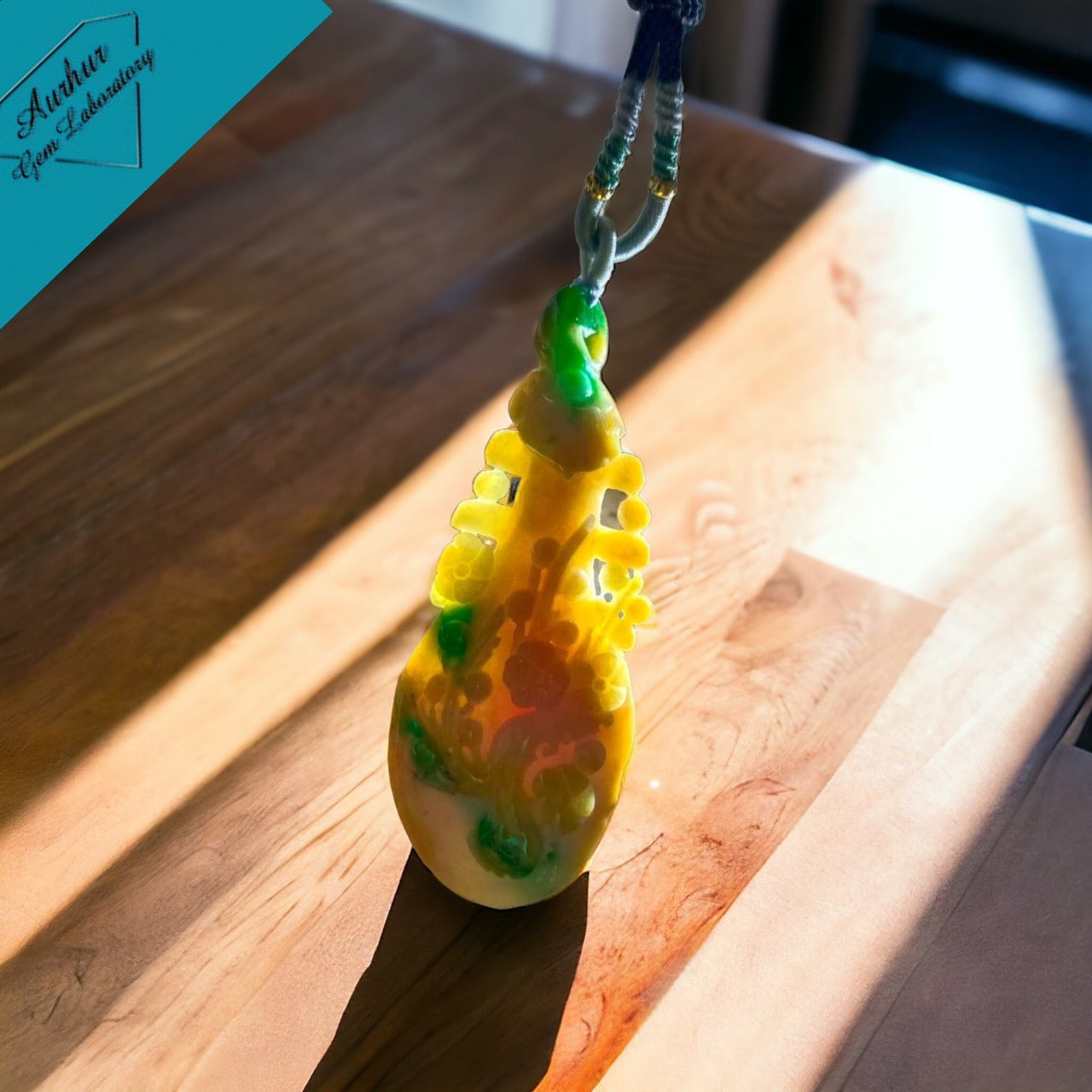 #638 AGL Certified Natural Green and Yellow Burma Jadeite 玉琴 (Yù Qín)/遇知音 (Yù Zhīyīn) Pendant