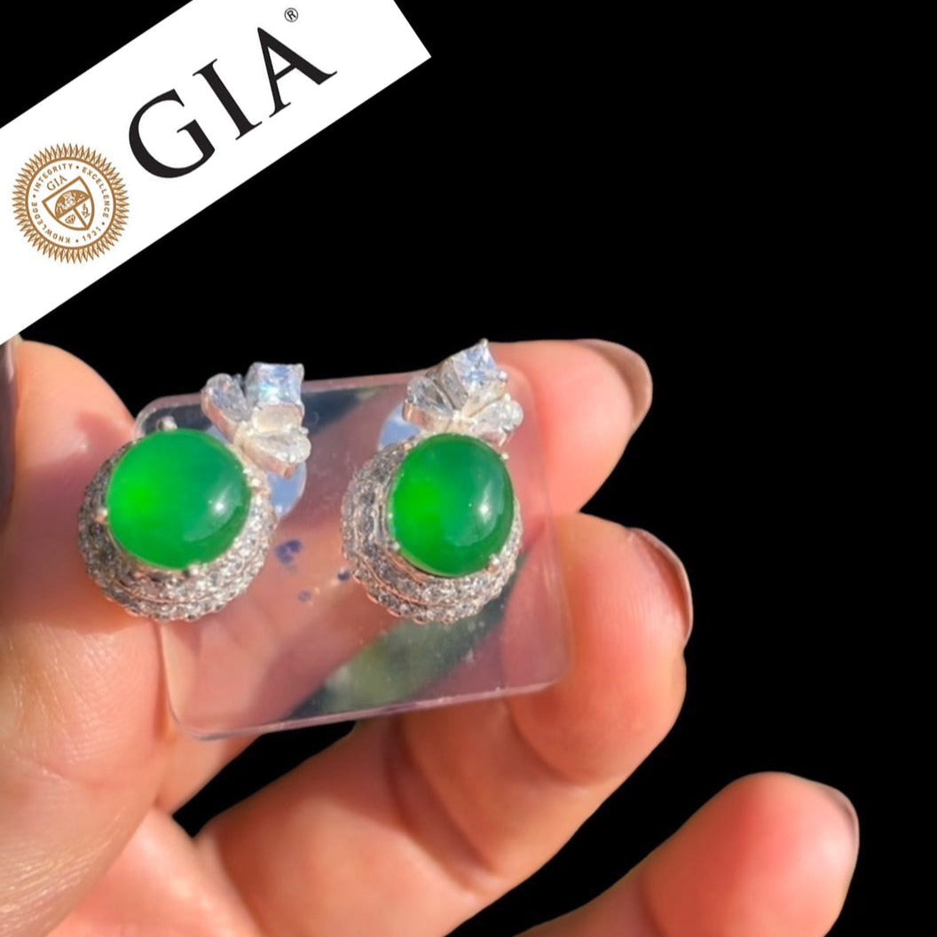 #127 GIA-Certified Icy Translucent Imperial Green Burma Jadeite Cabochons for Custom Earrings