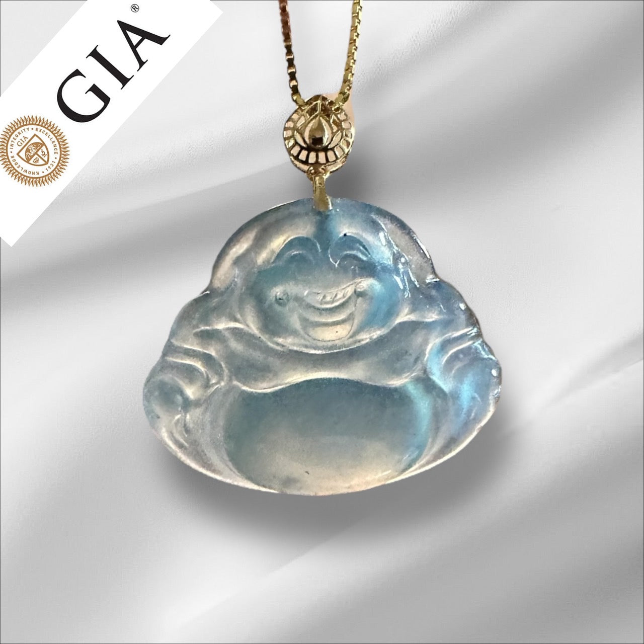 #131 GIA Certified Icy Semi-Transparent Natural Jadeite Jade Happy Buddha