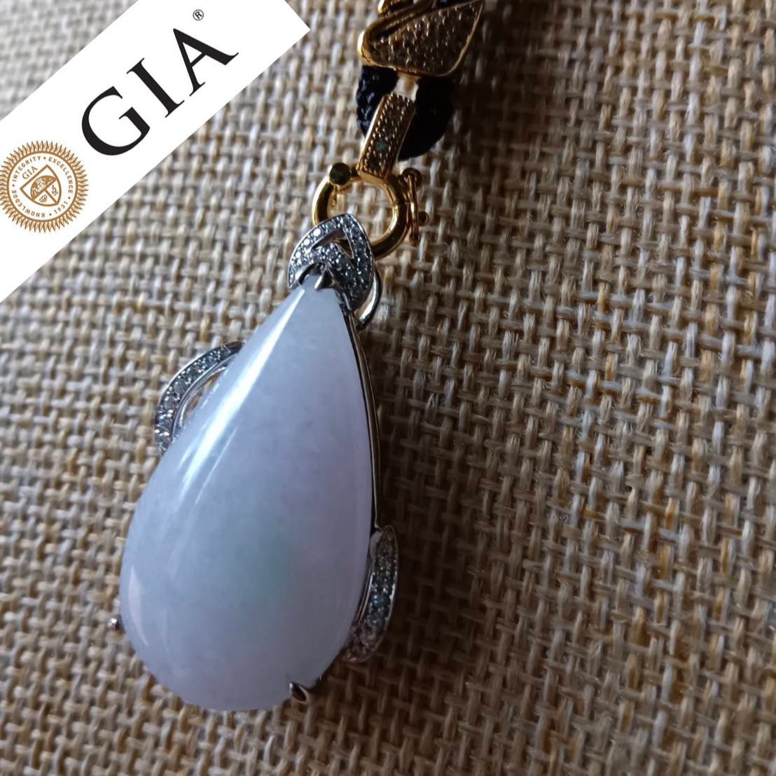 #155 GIA Certified Translucent Light Lavender Slashed Green Burma Jadeite - Water Droplet Pendent with 18K White Gold and Diamonds Setting