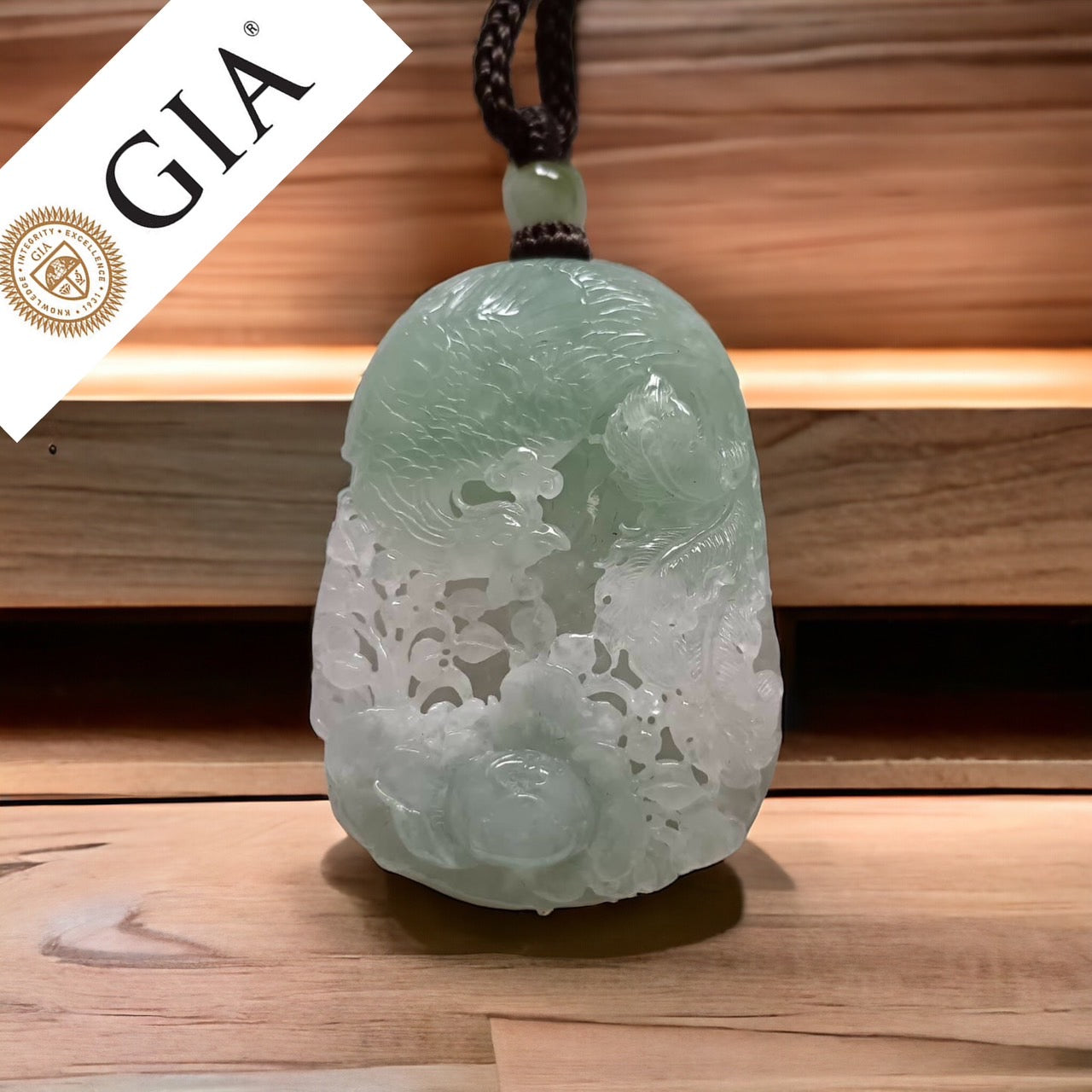 #168 GIA Certified Icy Burma Jadeite Pierced Phoenix Hollow Carving Pendant