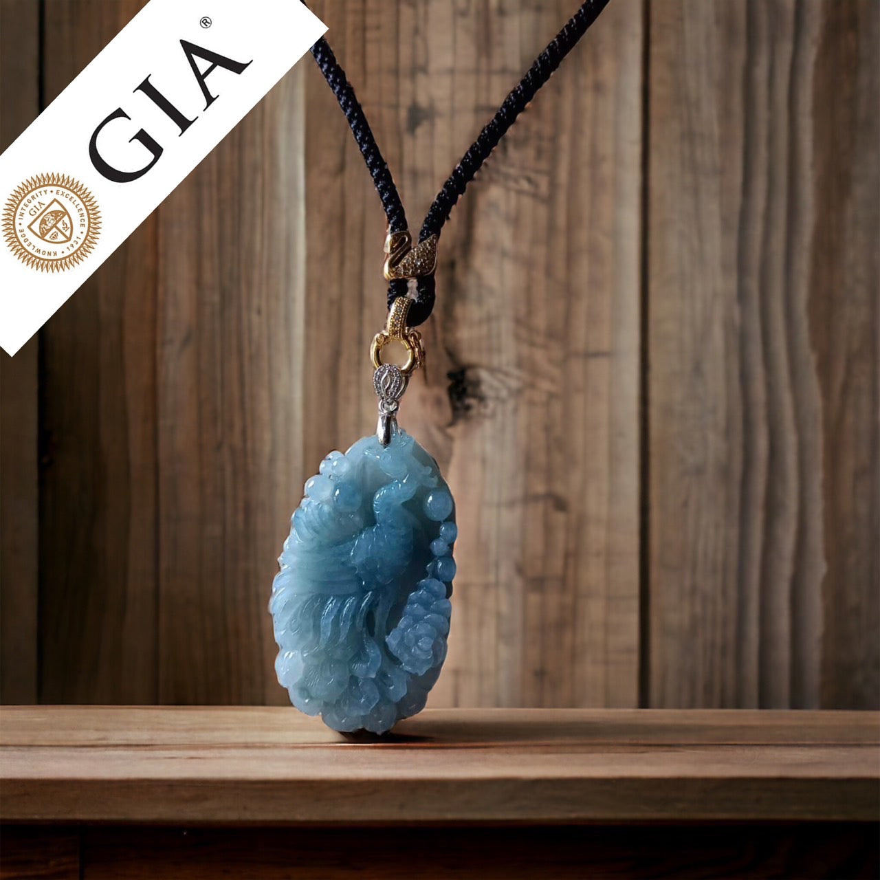 #228 GIA Certified Icy Translucent Purple Blue Burma Jadeite Jade Phoenix Pendant with 18K Yellow Gold Bail