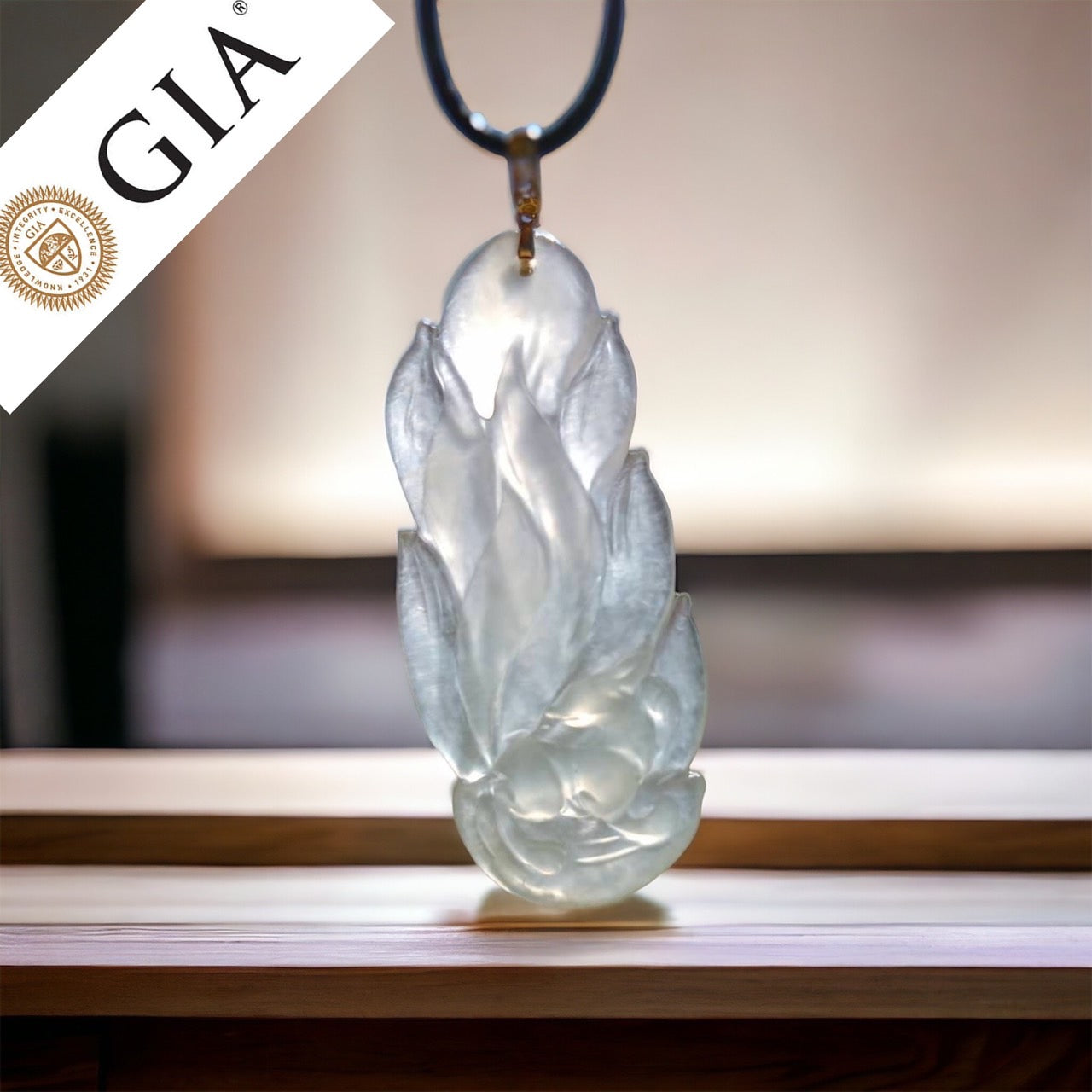 #36 collector's piece - GIA Certified Natural Burma Jadeite, an icy semi-transparent 9-Tailed Fox pendant with an 18K yellow gold bail