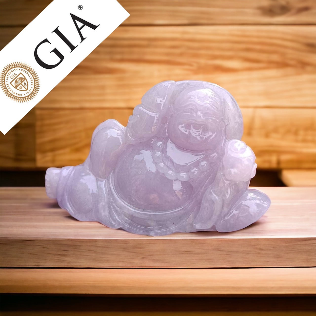 #363 GIA Certified Icy Translucent Lavender Burma Jadeite Jade Happy Buddha Figurine
