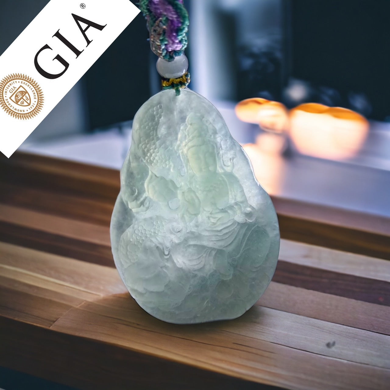 #572 GIA Certified Natural Translucent Light Green Burma Jadeite, Guan Yin and Dragon Pendant