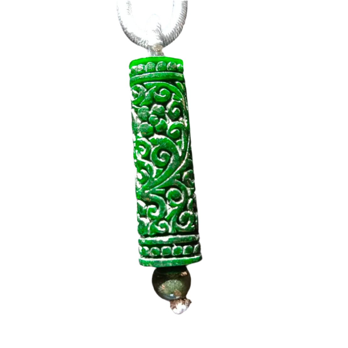#796 AGL Certified Natural Dark Green Burma Jadeite, Carved Pillar Pendant
