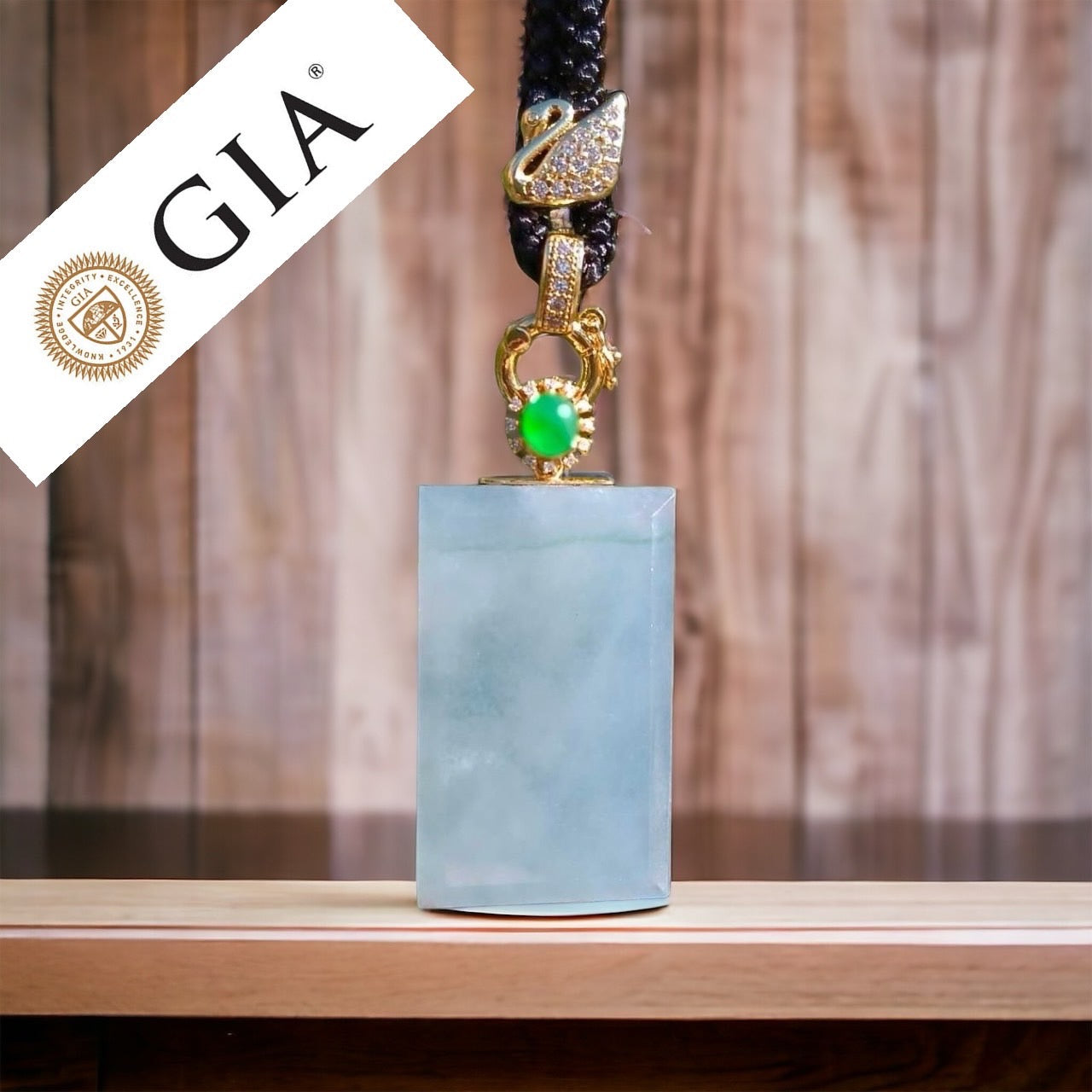 #109 GIA Certified Natural Sky Blue Icy Burma jade rectangular Wu Shi Pai pendant with an imperial green cabochon-diamond-18 K gold bail. A collector's piece.