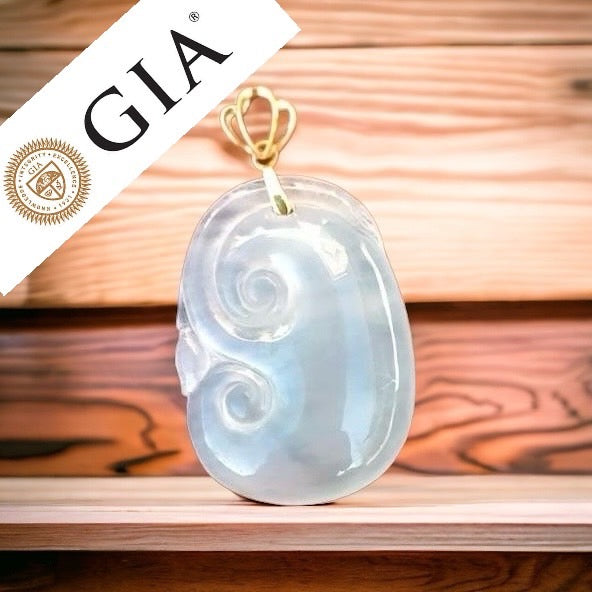 #115 GIA Certified Icy Translucent Natural Burma Jadeite Jade Ruyi Pendant with 18 K Yellow Gold Bail