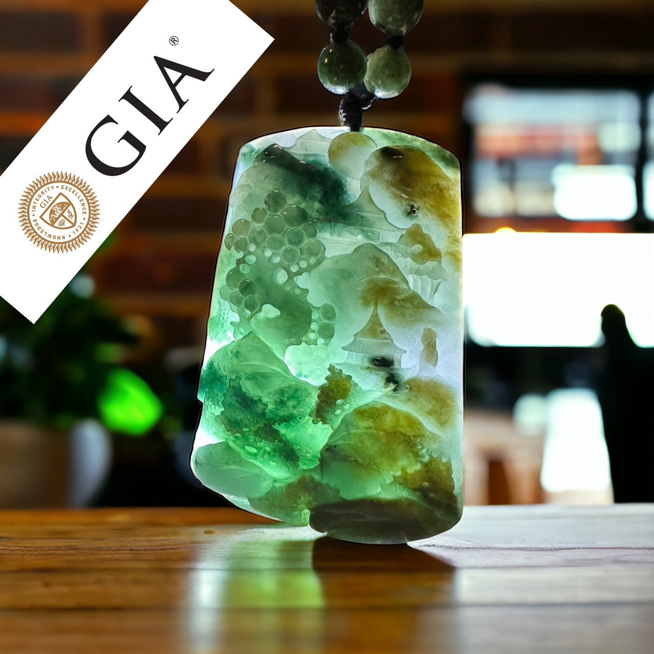 17 GIA Certified Tri-Color Carved Landscape Jadeite Jade Pendant