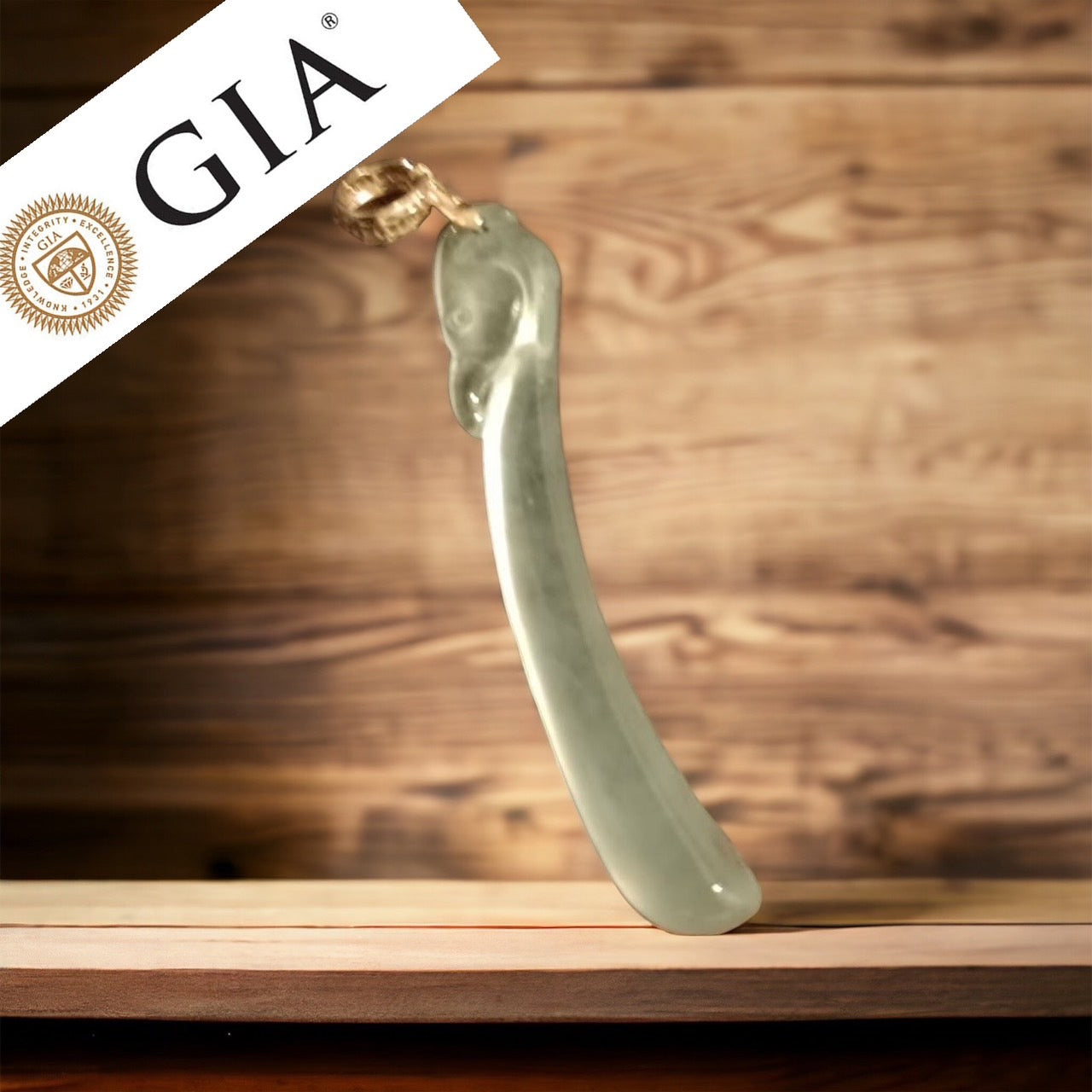 #119 GIA Certified Natural Burma Jade Semi-Transparent Phoenix Hook Pendant with 18 K yellow gold bail