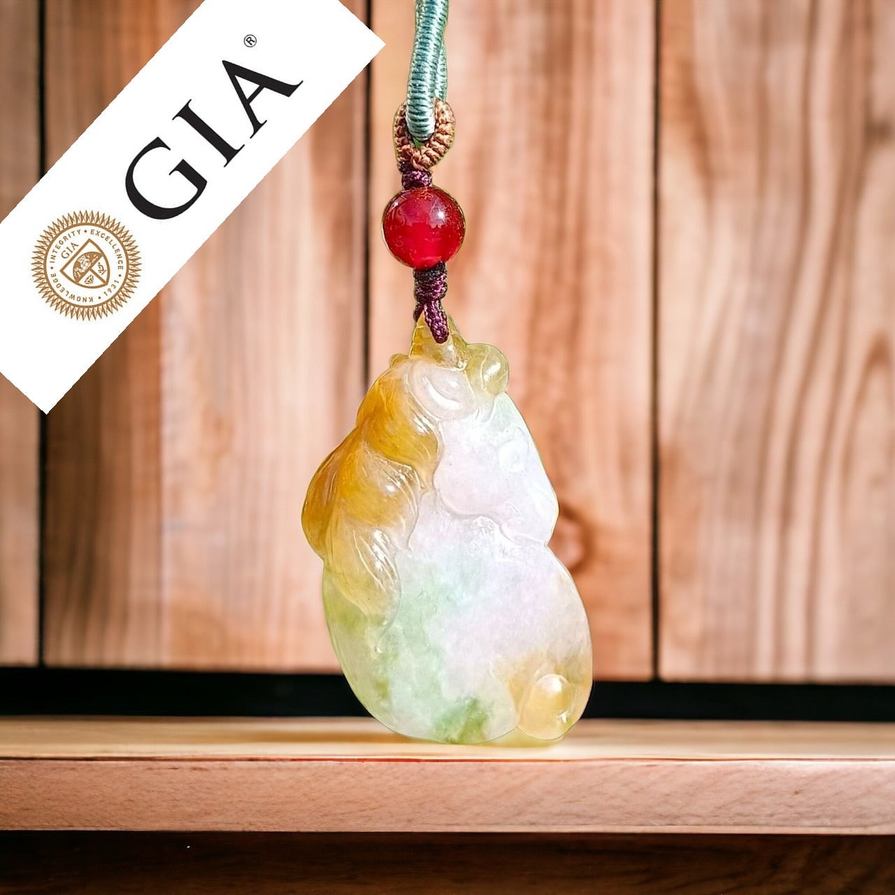 #88 GIA Certified Natural Jadeite Jade Tri-Color Unicorn Pendant