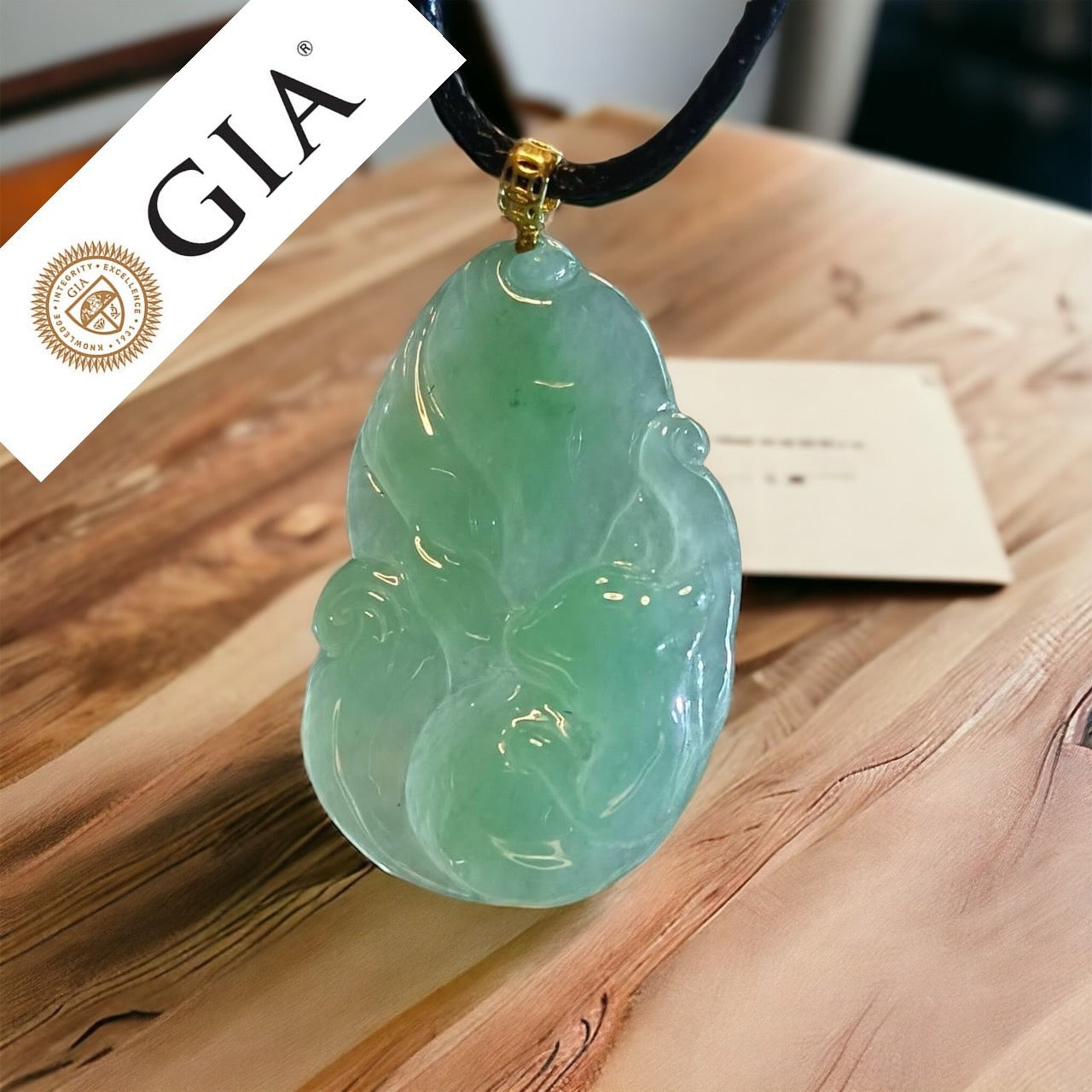 #3 GIA Certified Natural Green Burma Jadeite Jade Nine-Tailed Fox Pendant with an 18K Gold Bail