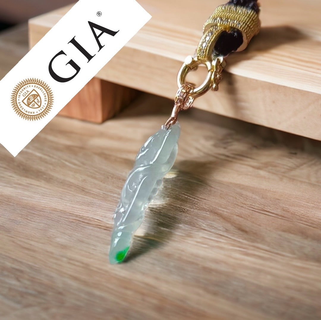 #117 GIA-certified Semi-Transparent Burma Jadeite Jade Dragon Pen Pendant with a splash of imperial green
