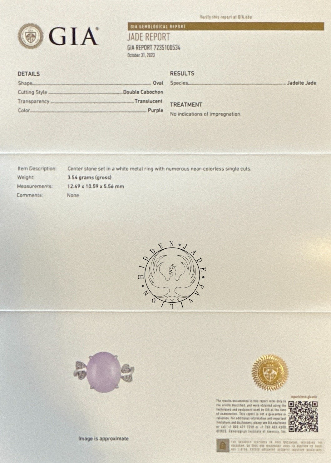 #108 High-End GIA Certified Natural Lavender Burma Jadeite Jade Ring with 18K White Gold and Diamonds Setting