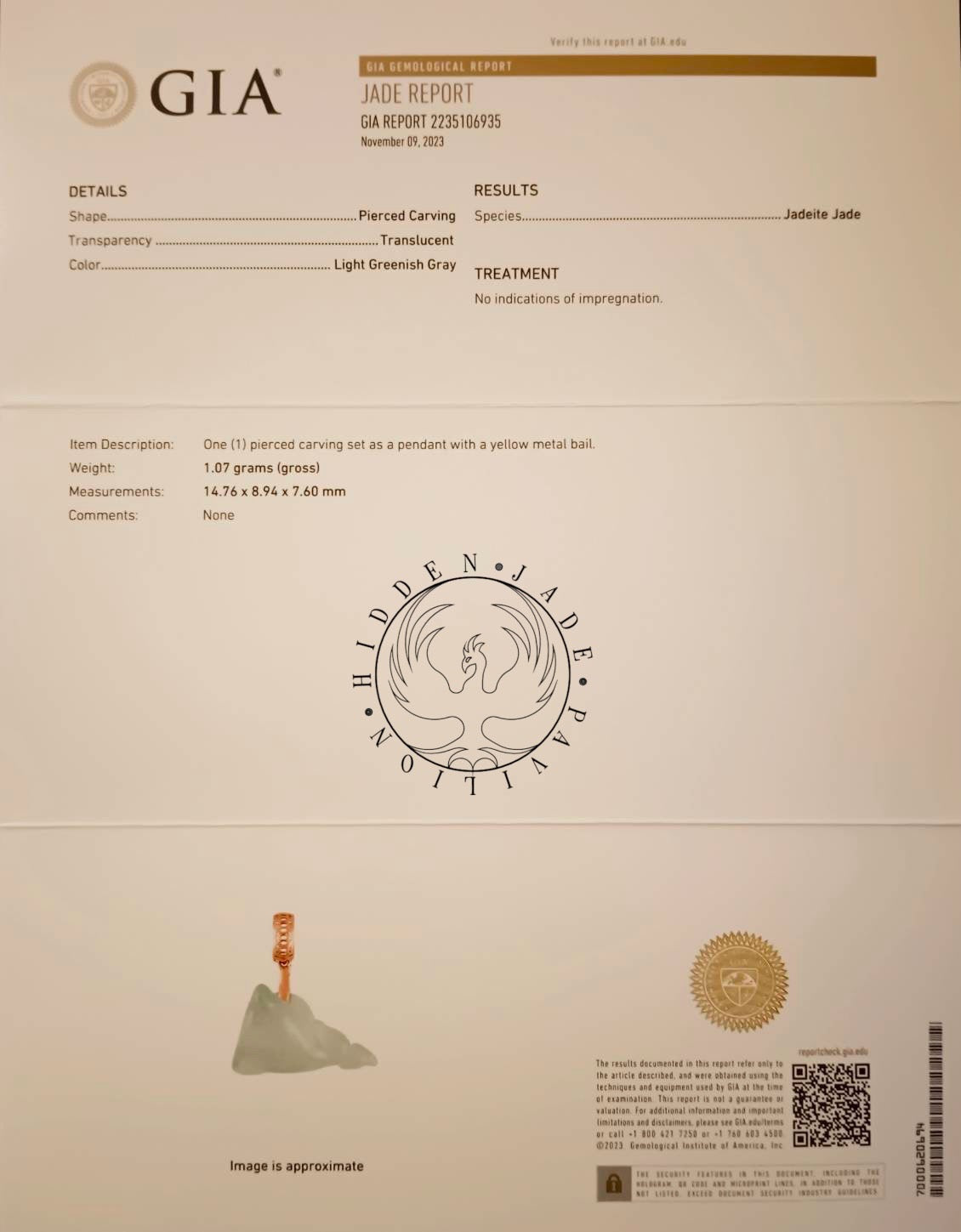#113 GIA Certified Natural Icy Translucent Burma Jadeite Jade, Dolphin Pendant