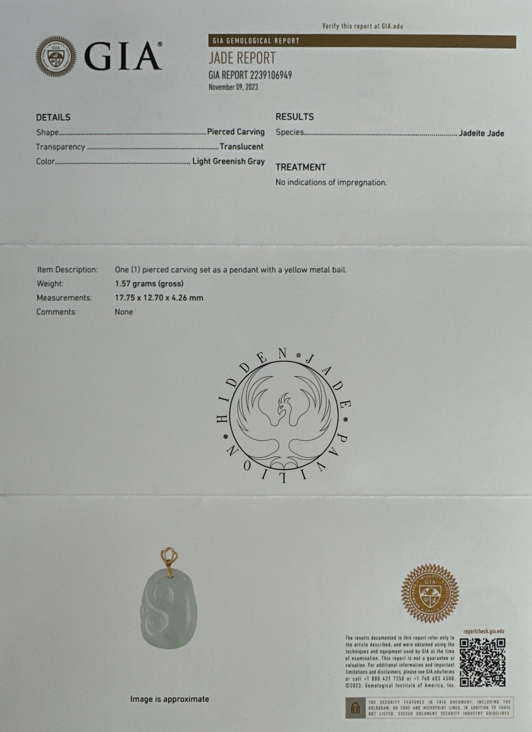 #115 GIA Certified Icy Translucent Natural Burma Jadeite Jade Ruyi Pendant with 18 K Yellow Gold Bail