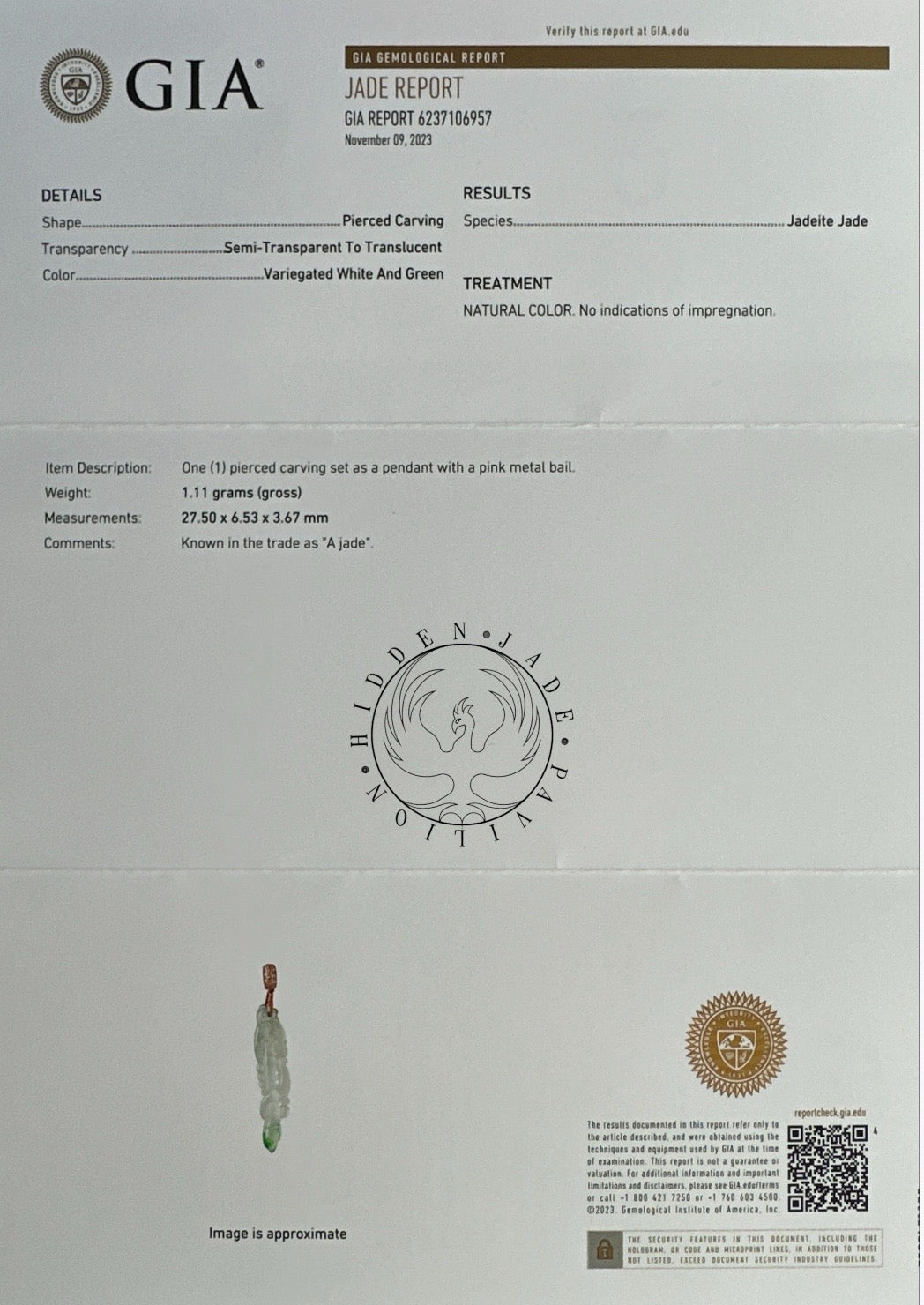 #117 GIA-certified Semi-Transparent Burma Jadeite Jade Dragon Pen Pendant with a splash of imperial green