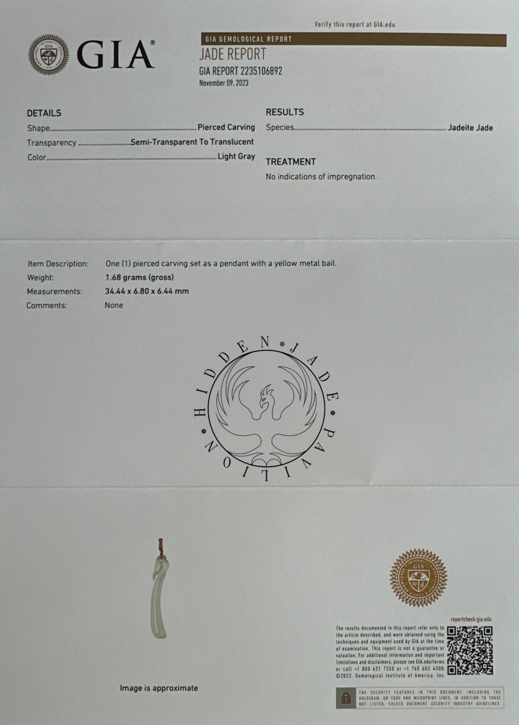 #119 GIA Certified Natural Burma Jade Semi-Transparent Phoenix Hook Pendant with 18 K yellow gold bail