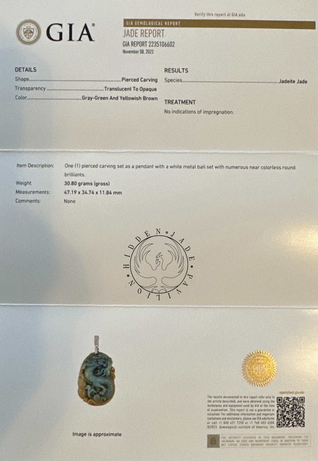 #158 GIA Certified Natural Green and Yellow Jadeite Dragon Pendant