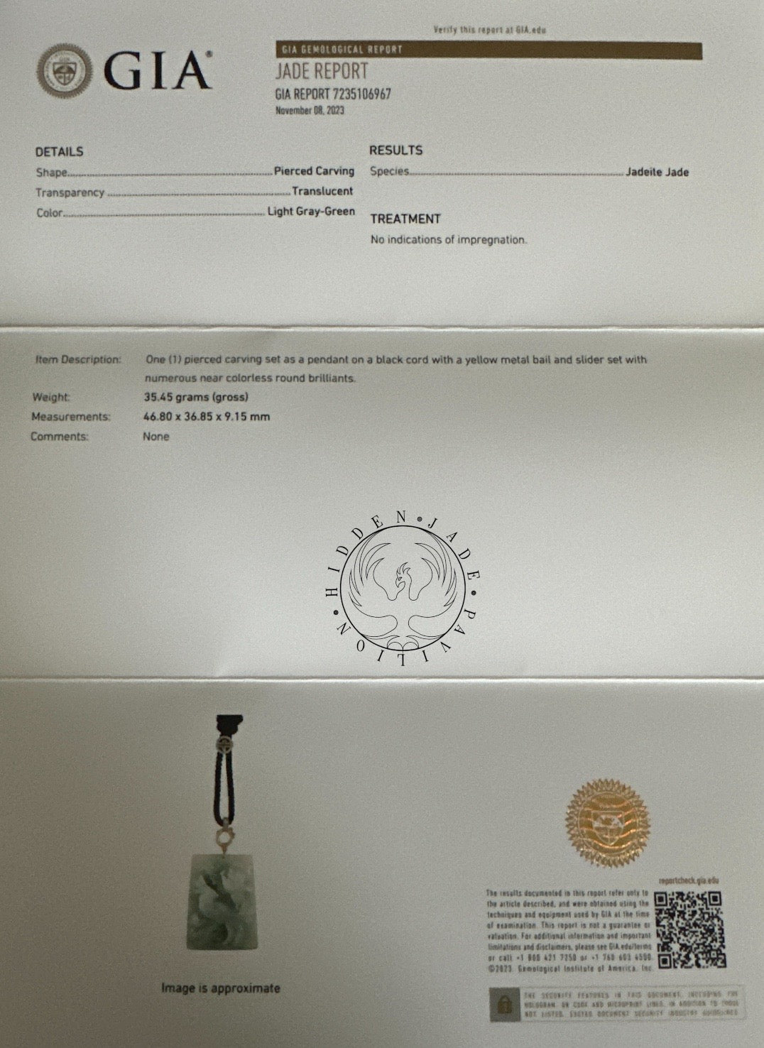 #159 GIA Certified Natural Jadeite Jade Parrot and Peonies Pendant with 18K Yellow Gold