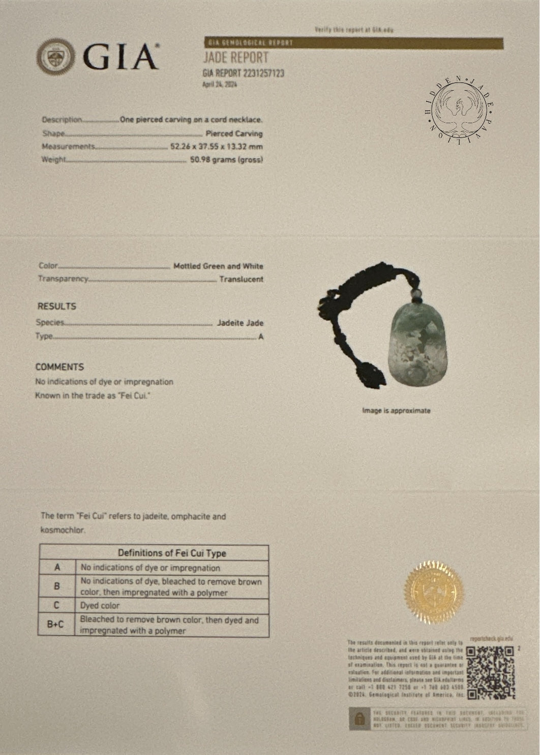 #168 GIA Certified Icy Burma Jadeite Pierced Phoenix Hollow Carving Pendant