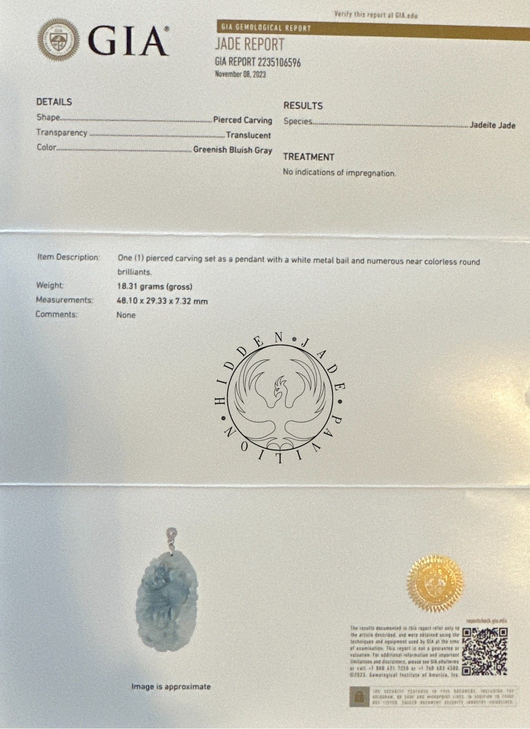 #228 GIA Certified Icy Translucent Purple Blue Burma Jadeite Jade Phoenix Pendant with 18K Yellow Gold Bail