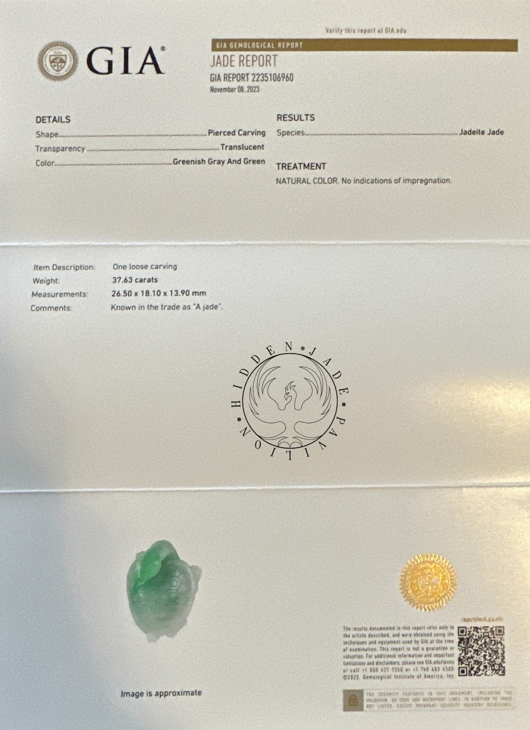 #26 GIA Certified Splash Emerald Green Natural Burma Jadeite Jade Figurine