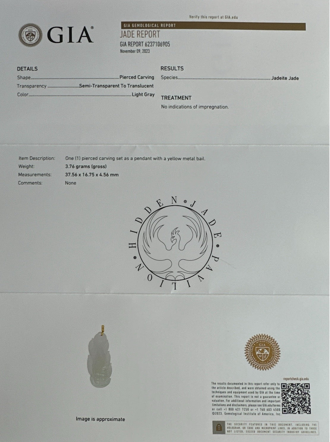 #36 collector's piece - GIA Certified Natural Burma Jadeite, an icy semi-transparent 9-Tailed Fox pendant with an 18K yellow gold bail