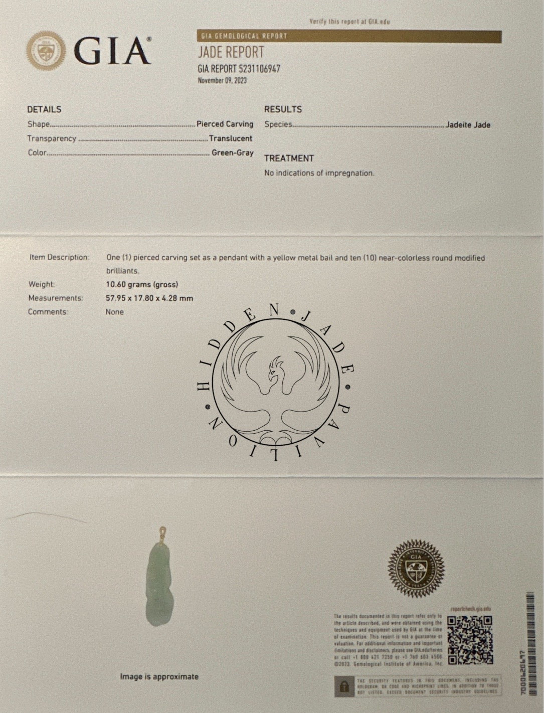 #93 GIA Certified Natural Icy Translucent Burma Jadeite Jade Phoenix Pendant with S925 Silver Bail. Unique and Elegant!