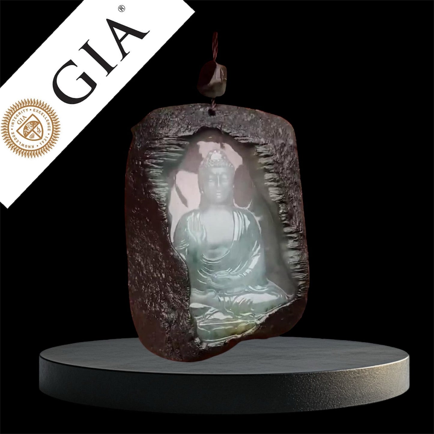 #927 GIA Certified Translucent Burma Jadeite with Raw Skin, Amitābha Buddha 阿彌陀佛 Pendant