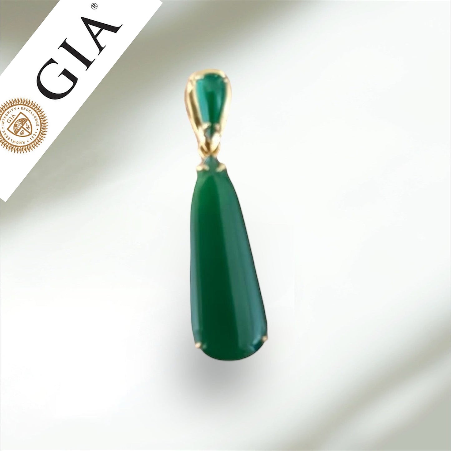 #831 GIA Certified Translucent Burma Jadeite Green Water Droplet Pendant in 18 K Yellow Gold Setting