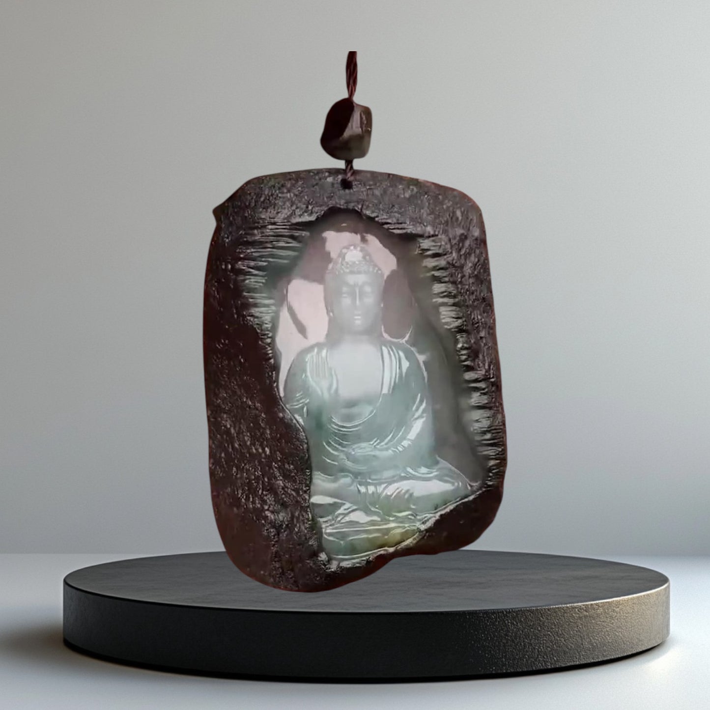 #927 GIA Certified Translucent Burma Jadeite with Raw Skin, Amitābha Buddha 阿彌陀佛 Pendant