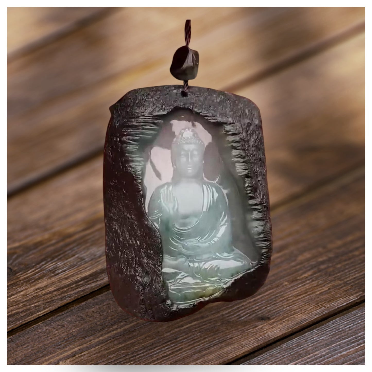 #927 GIA Certified Translucent Burma Jadeite with Raw Skin, Amitābha Buddha 阿彌陀佛 Pendant