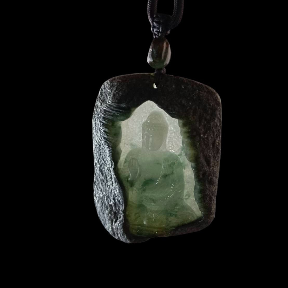 #927 GIA Certified Translucent Burma Jadeite with Raw Skin, Amitābha Buddha 阿彌陀佛 Pendant