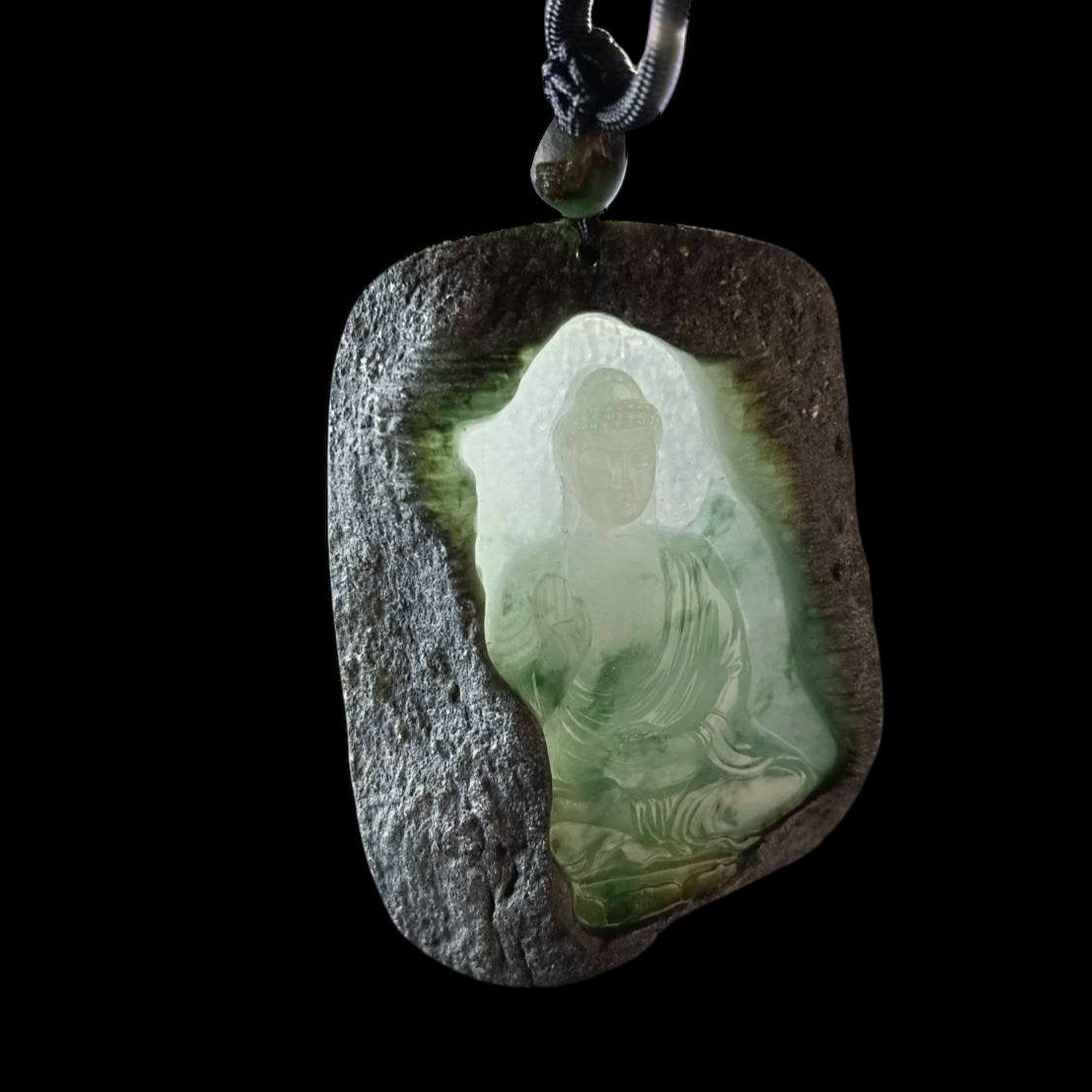 #927 GIA Certified Translucent Burma Jadeite with Raw Skin, Amitābha Buddha 阿彌陀佛 Pendant