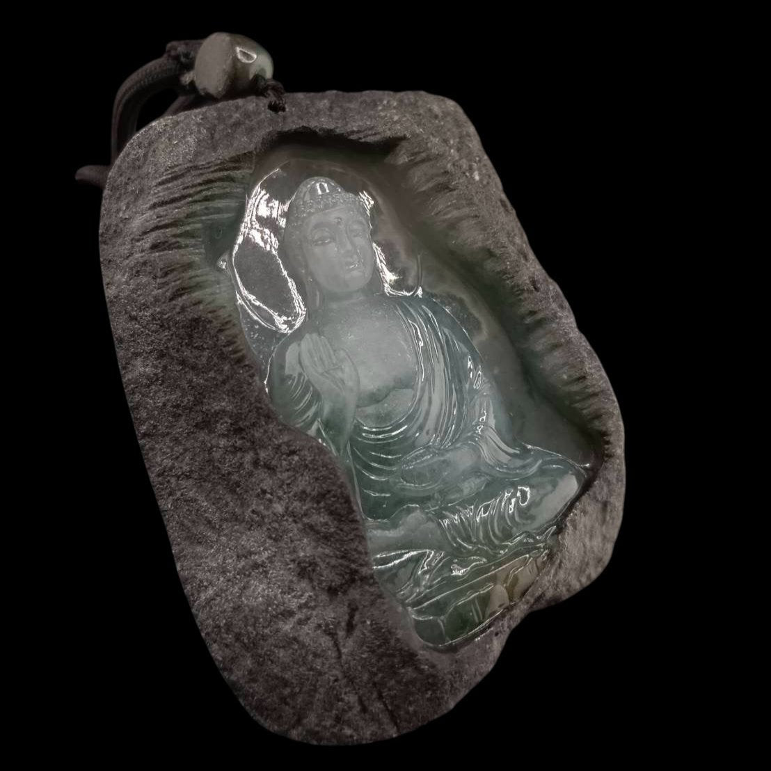 #927 GIA Certified Translucent Burma Jadeite with Raw Skin, Amitābha Buddha 阿彌陀佛 Pendant