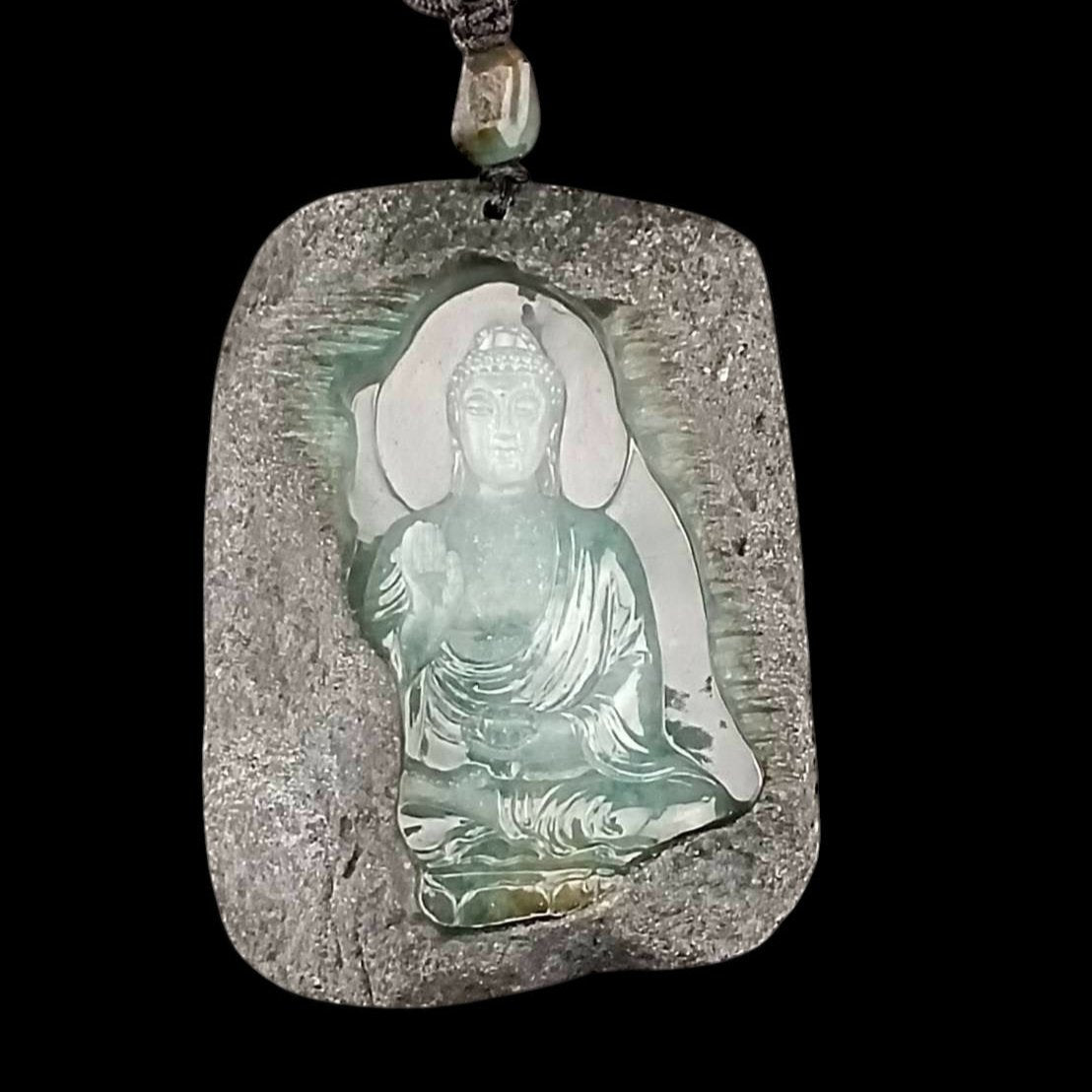 #927 GIA Certified Translucent Burma Jadeite with Raw Skin, Amitābha Buddha 阿彌陀佛 Pendant
