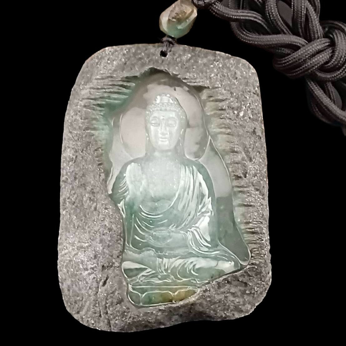 #927 GIA Certified Translucent Burma Jadeite with Raw Skin, Amitābha Buddha 阿彌陀佛 Pendant