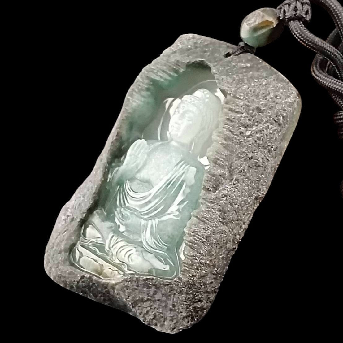 #927 GIA Certified Translucent Burma Jadeite with Raw Skin, Amitābha Buddha 阿彌陀佛 Pendant