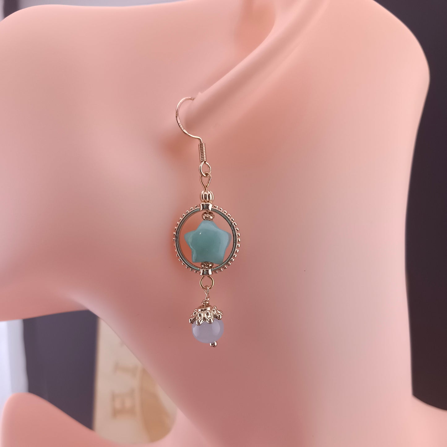 #969 Type A Natural Jadeite, 14K Gold-Plated Silver Dangle Star Earrings ⭐