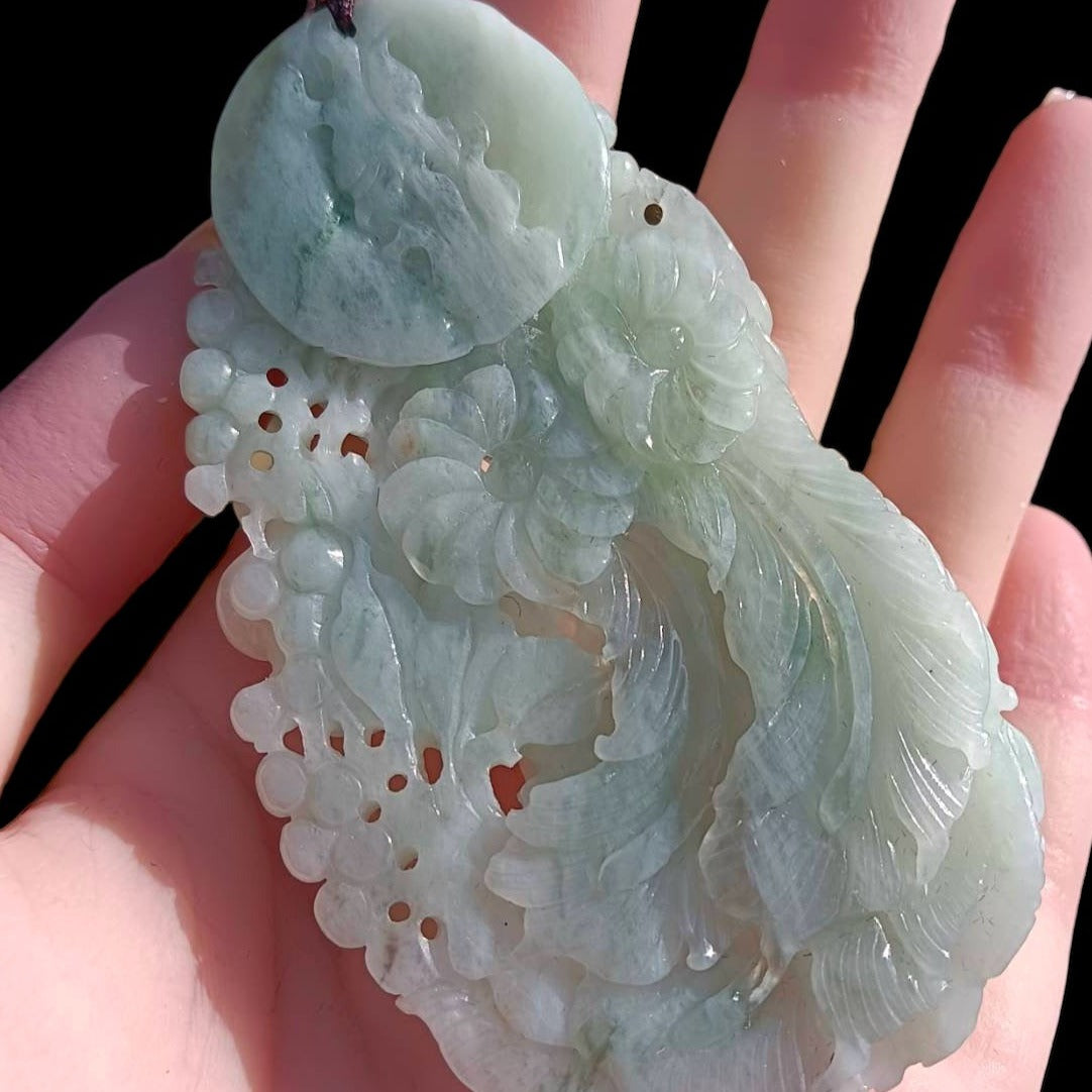 #79 Mason-Kay Certified Natural Light Green Burma Jadeite Jade Phoenix Pendant