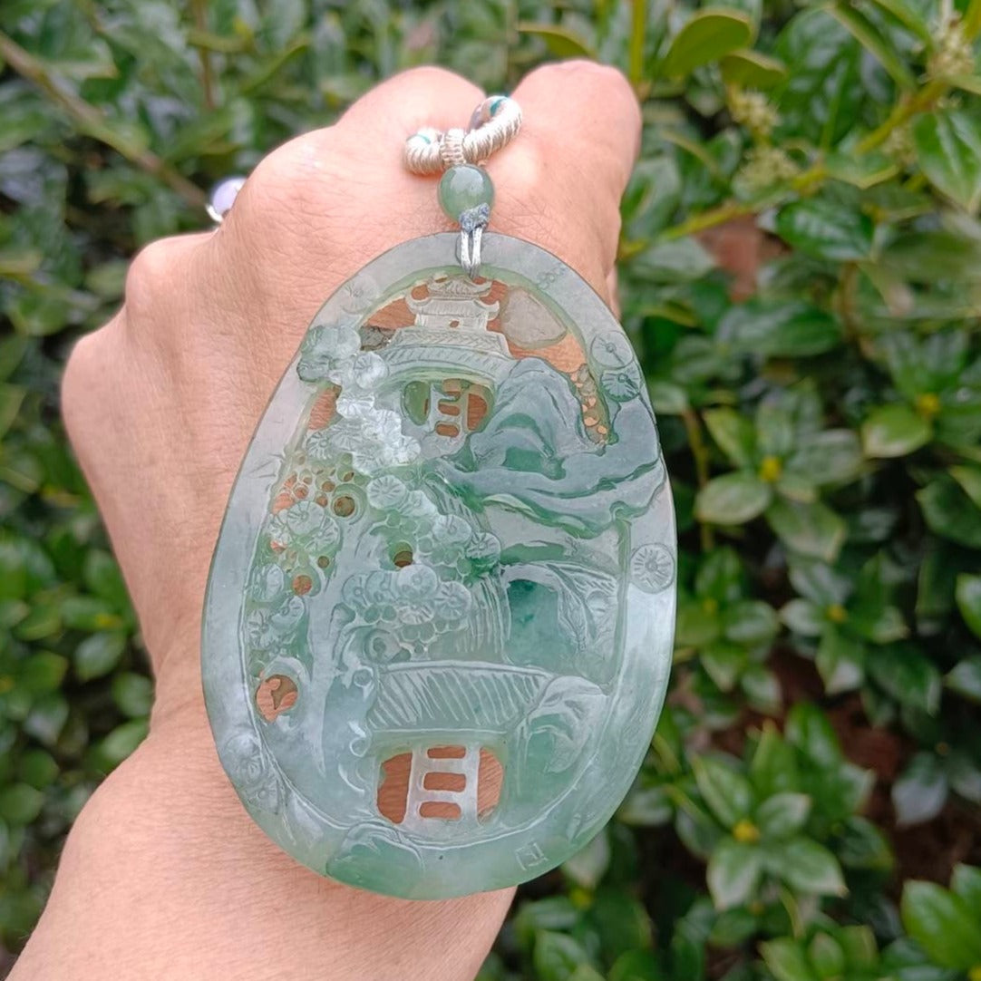 #163 Mason-Kay Certified Natural Green Icy Translucent Burma Jadeite Jade Landscape Pendant