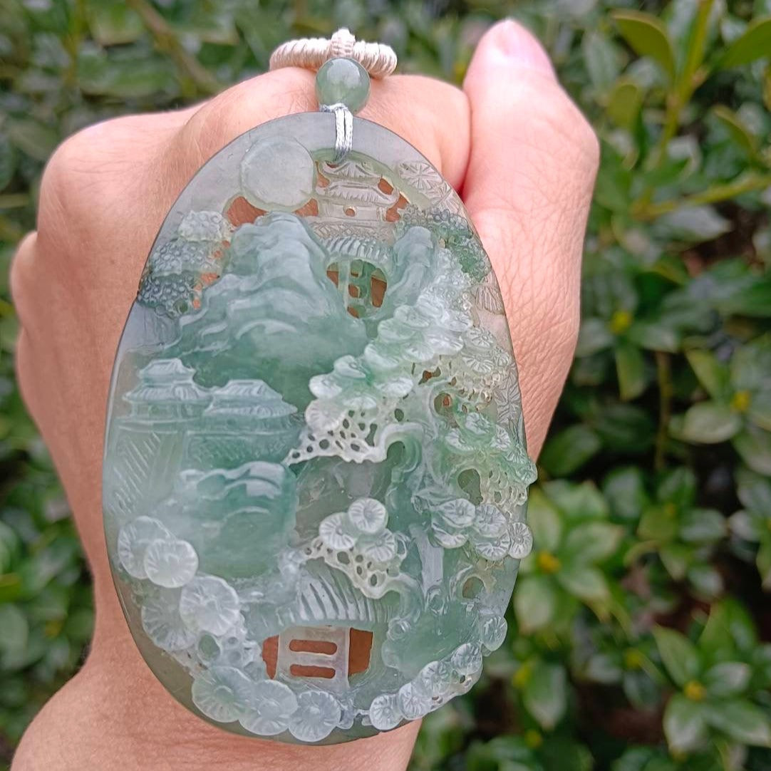 #163 Mason-Kay Certified Natural Green Icy Translucent Burma Jadeite Jade Landscape Pendant