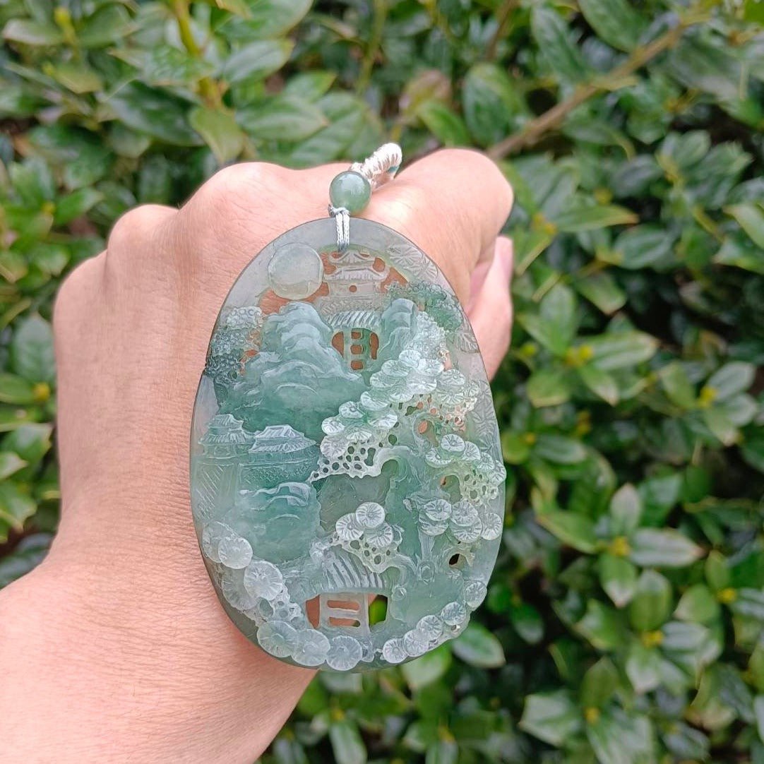 #163 Mason-Kay Certified Natural Green Icy Translucent Burma Jadeite Jade Landscape Pendant
