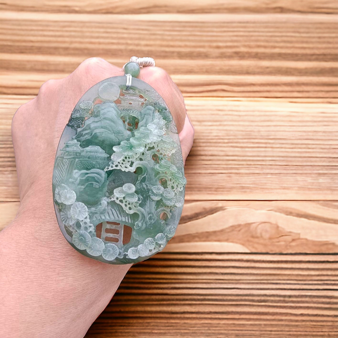 #163 Mason-Kay Certified Natural Green Icy Translucent Burma Jadeite Jade Landscape Pendant