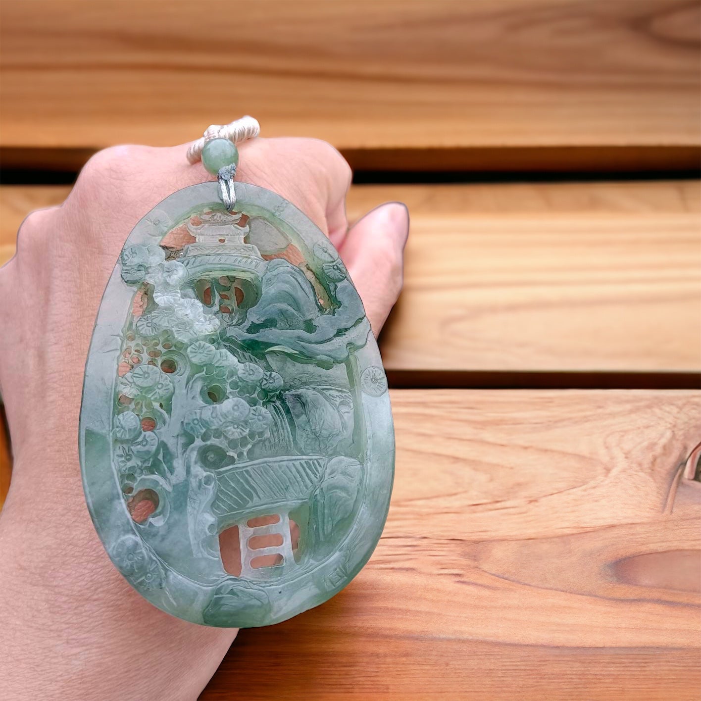 #163 Mason-Kay Certified Natural Green Icy Translucent Burma Jadeite Jade Landscape Pendant