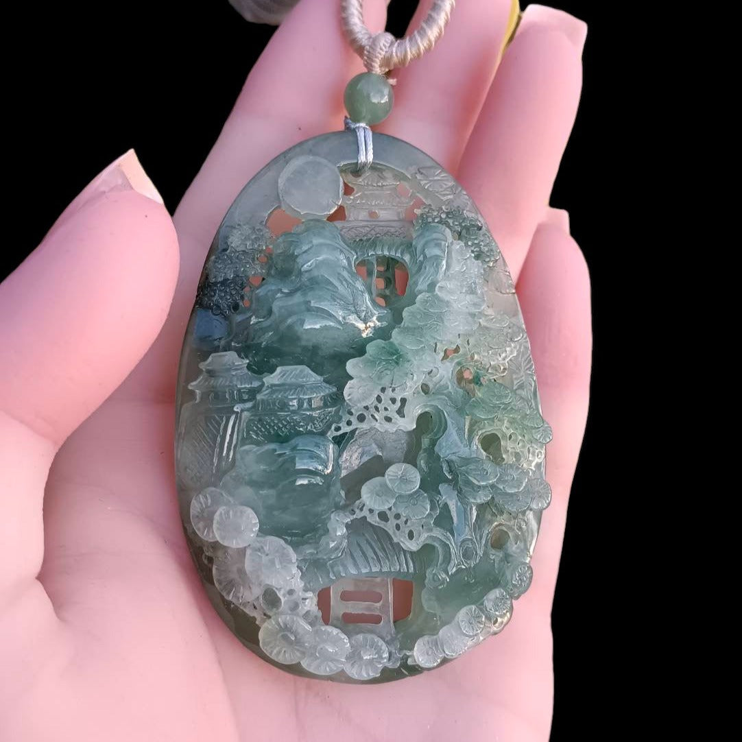 #163 Mason-Kay Certified Natural Green Icy Translucent Burma Jadeite Jade Landscape Pendant