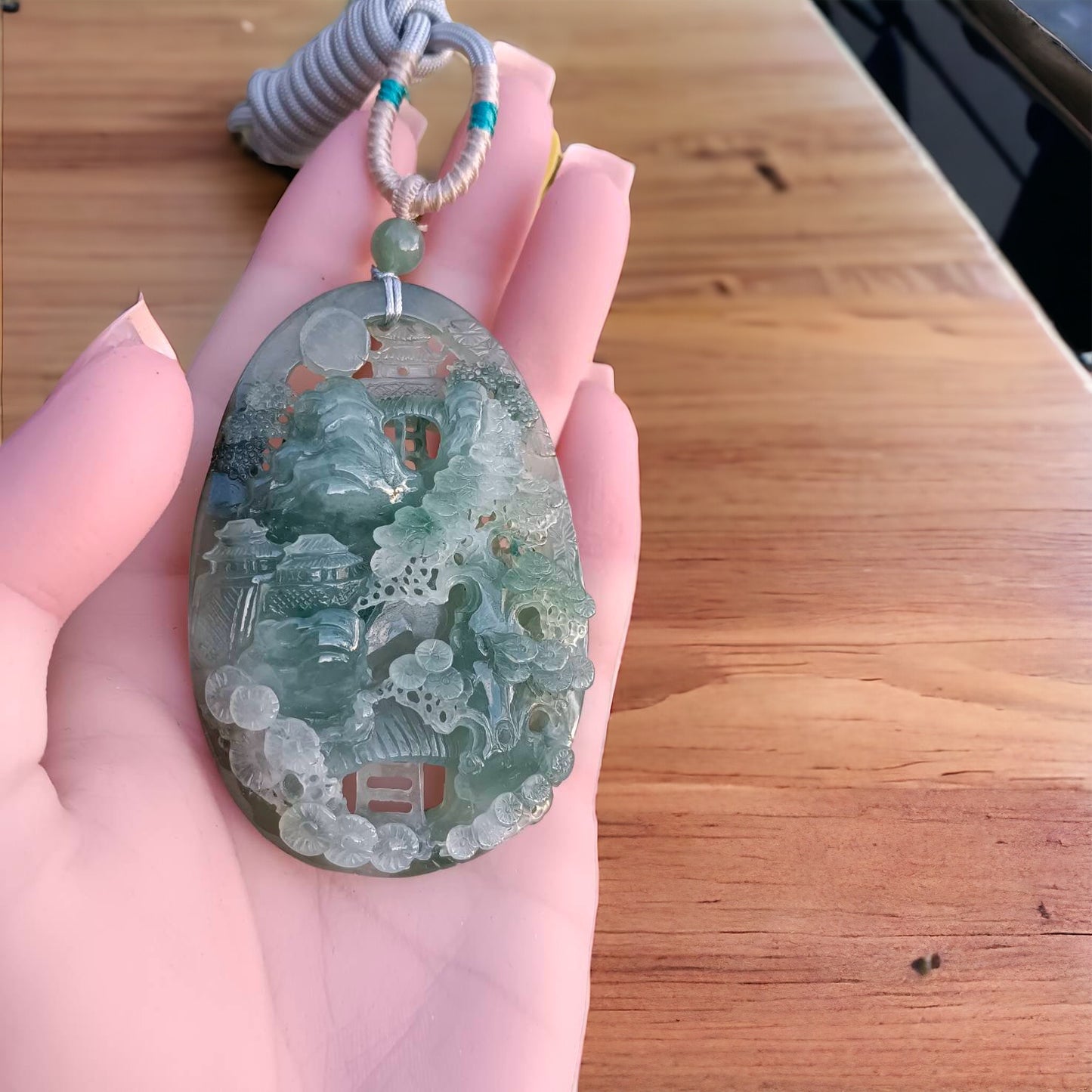 #163 Mason-Kay Certified Natural Green Icy Translucent Burma Jadeite Jade Landscape Pendant