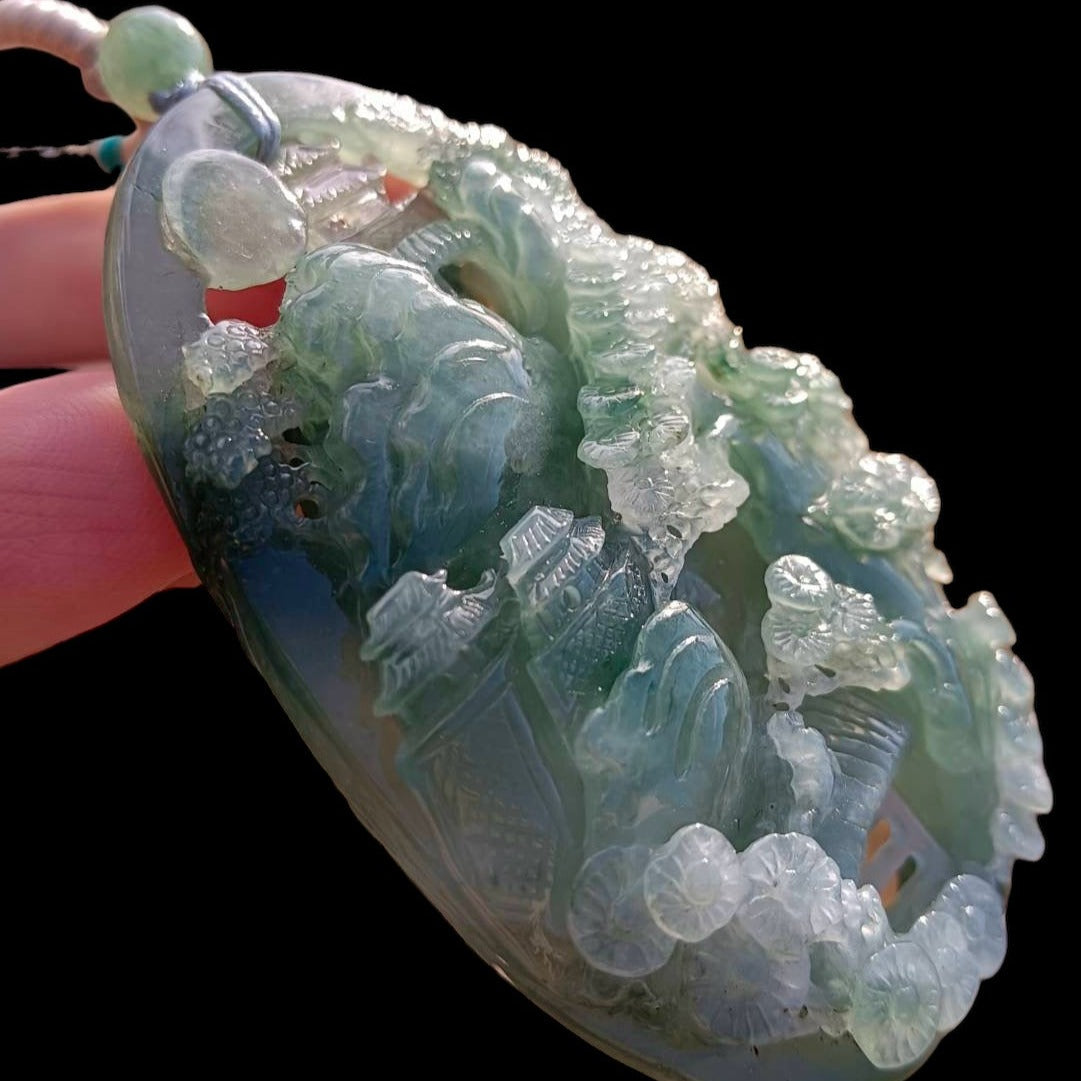 #163 Mason-Kay Certified Natural Green Icy Translucent Burma Jadeite Jade Landscape Pendant